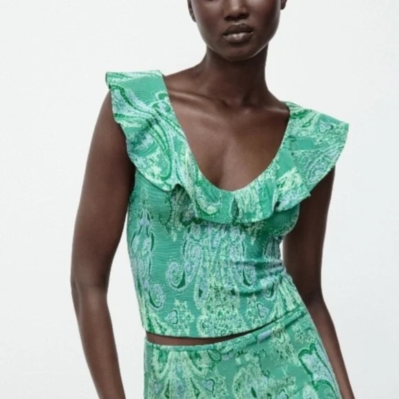 ZARA Ruffled Jacquard Top Green Large - Picture 1 of 10